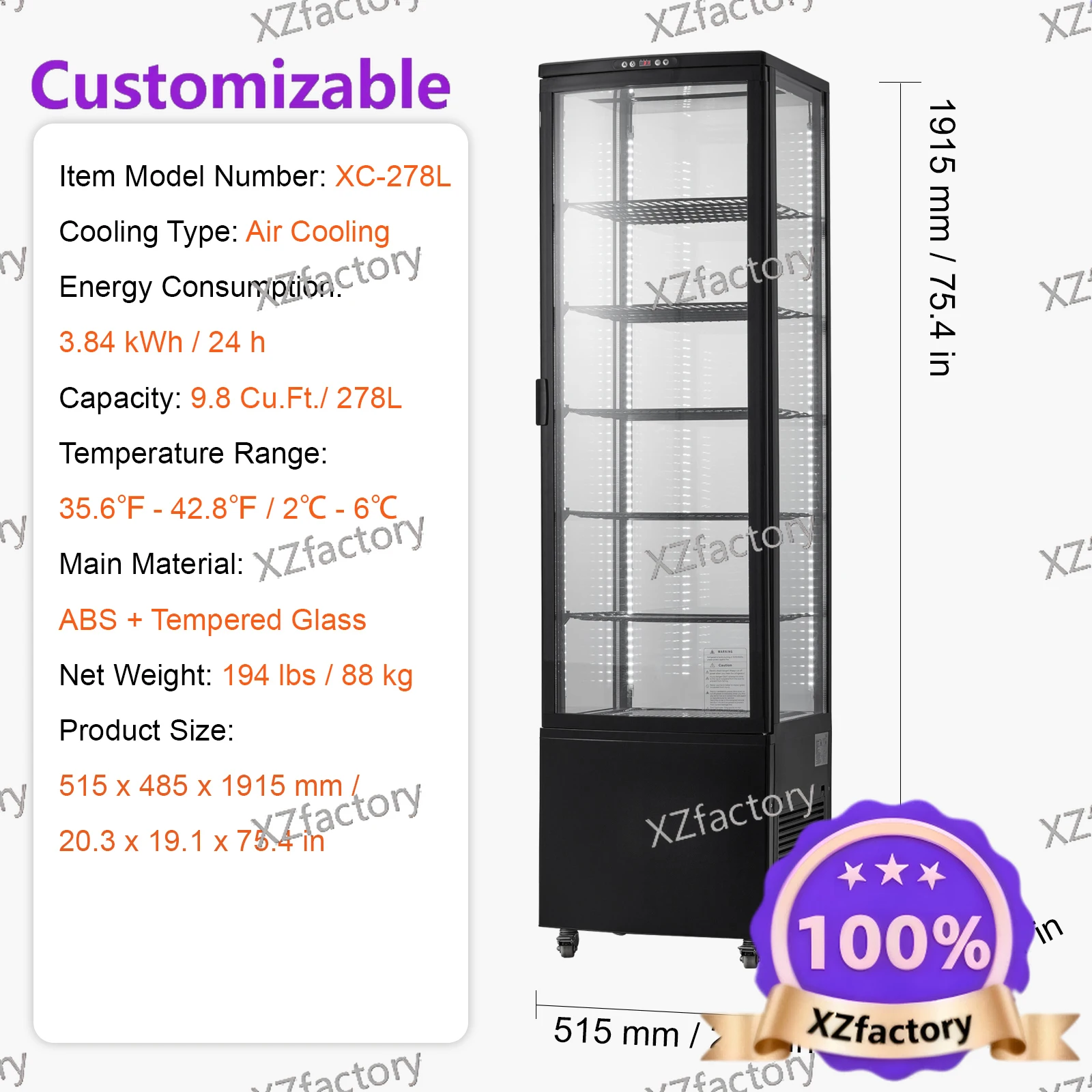Direto da Fábrica 2026 Mais Vendido SucceBuy 3,5/4,2/5/9,8 cft Vitrine Refrigerada Comercial para Confeitaria