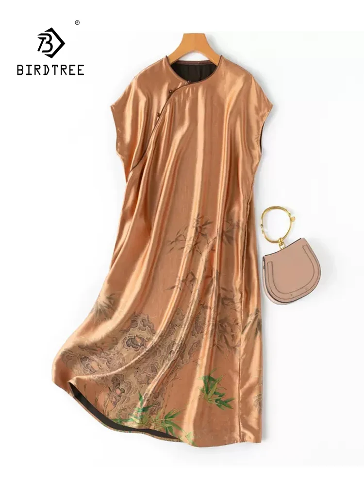 

BirdTree, 40MM 100%Real Silk Elegant Dresses, Women Sleeveless Printed, XiangYunSha Retro Cheongsam Dress, 2024 Summer D44008QC