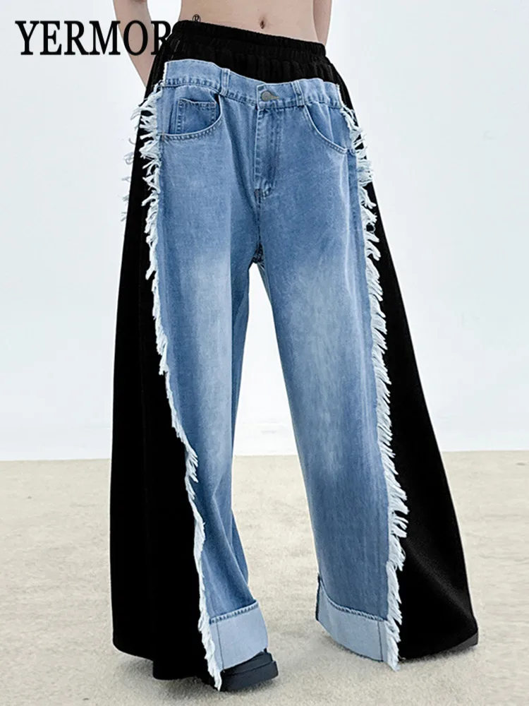 

YERMORA, черные джинсовые широкие брюки с высокой эластичной резинкой на талии для женщин, новые свободные брюки, модные брюки, осень-зима 2025