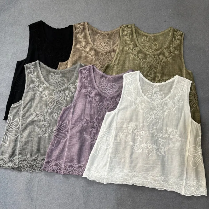 

Johnature Cotton Women Tops 2025 Summer New Vintage Embroidery All Match Render Sleeveless Japanese 6 Colors Women Tank