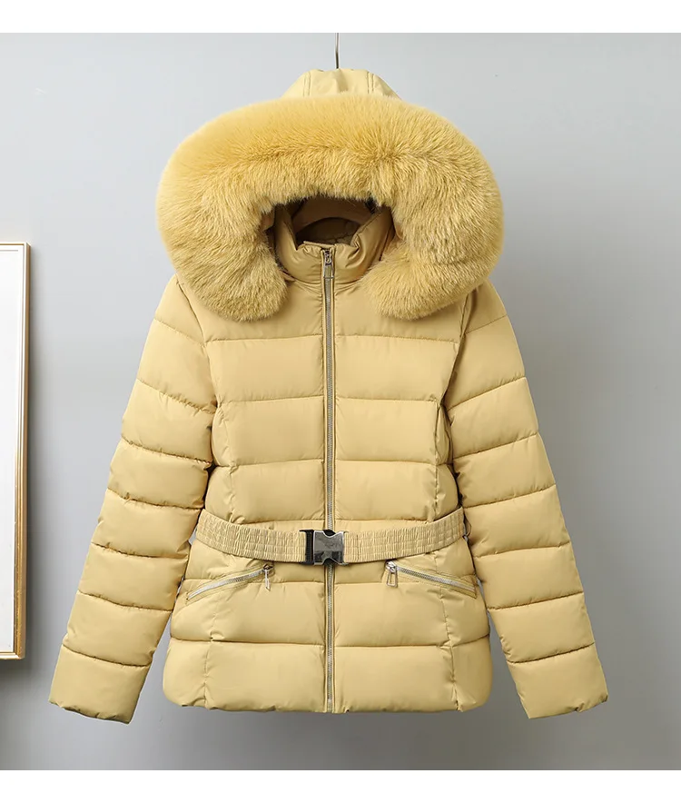 Winter Solid Color Long-sleeved Fur Collar Hooded Short Down Cotton Jacket Women's Slim Winter Thickened Versatile Warm Jacket