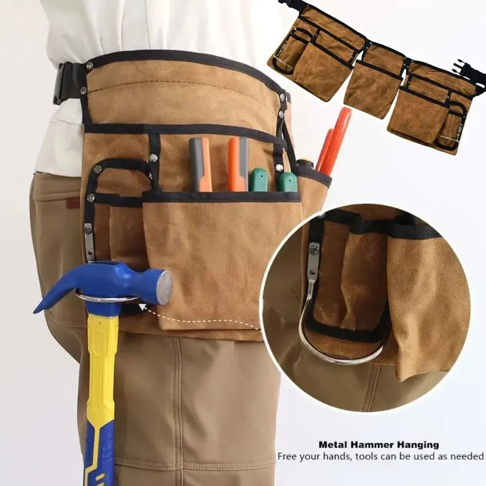 

Large Capacity Hardware Bag Waxed Canvas Multi Pockets Tool Waist Bag Wear-resistant Waterproof Hardware Tool Storage Organizer
