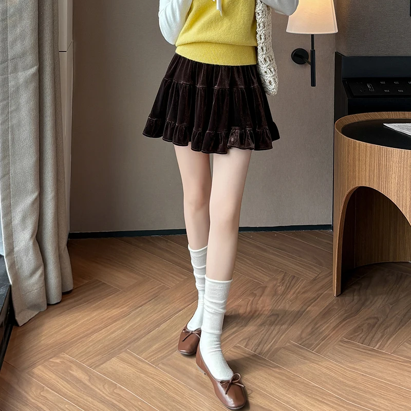 Seoulish outono inverno veludo bolo feminino mini saias 2025 nova alta wasit casual solto plissado skater saias curtas femininas