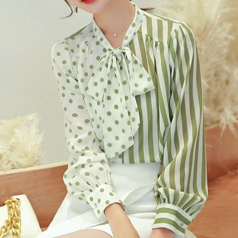 New Fashion Trend Chiffon Color Matching Striped Bow Ribbon Versatile Charm Niche Design Sense Long Sleeved Women's Shirt L453