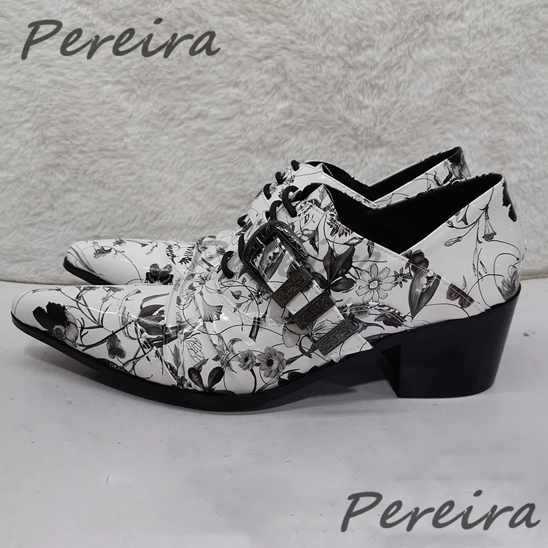 Metal Buckle Skeleton Print Oxford Shoes Men's Genuine Leather Pointed Toe High Heel Shoes Party Wedding Business Dress Shoes
