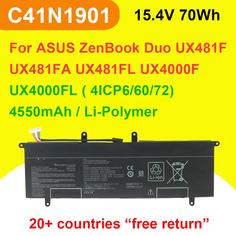 C41N1901 For ASUS ZenBook Duo UX4000F UX4000FL UX481 UX481F UX481FA UX481FL Series Laptop Battery 4ICP6/60/72 15.4V 70Wh