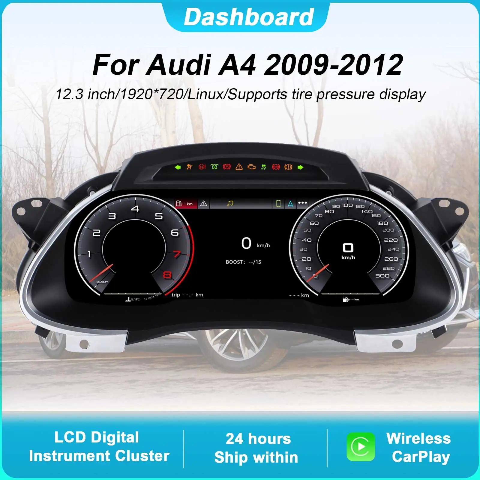 

Цифровая приборная панель для Audi A4 2009-2012, спидометр, 12,3 дюйма, HD-экран, 1920*720/поддержки CarPlay/2S, быстрый загрузчик/Plug&Play