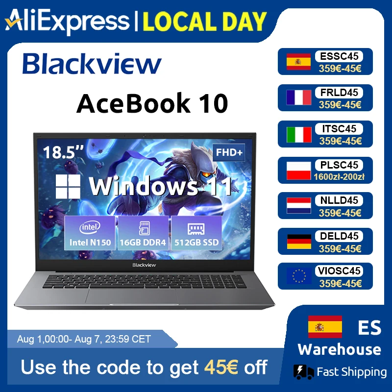 Computadora Portátil Blackview Acebook 10, Pantalla FHD de 18.5 Pulgadas, 8000 mAh, Intel N150, Windows 11, 16 GB de RAM, 512 GB, BT5.2, WiFi 6, Computadora de Escritorio