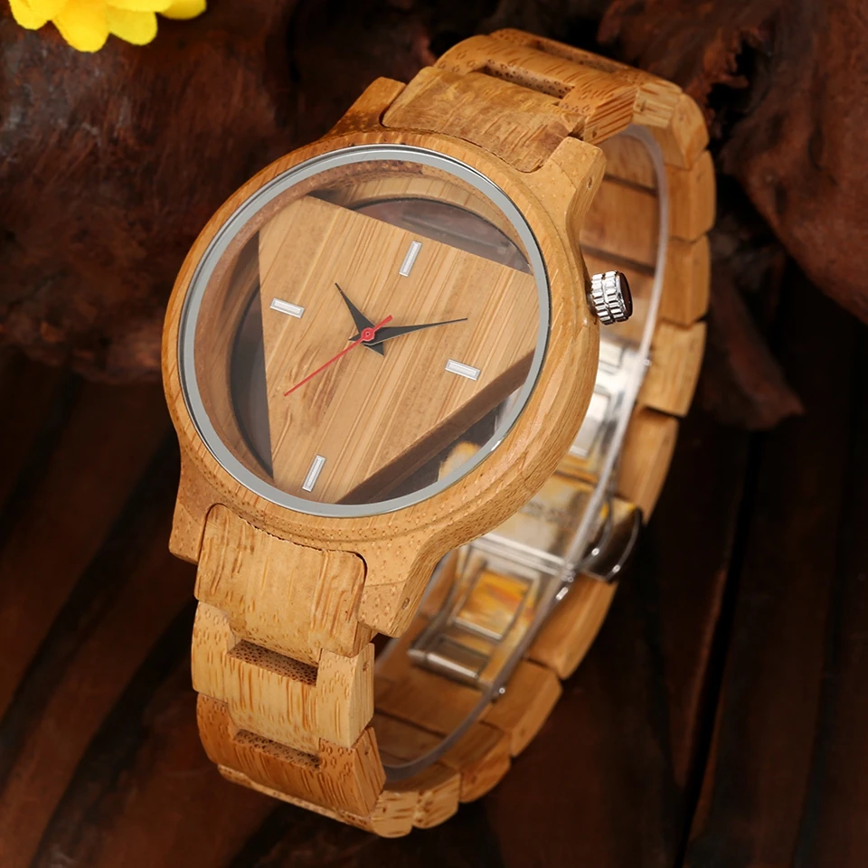 Orologi da uomo geometrici superbo triangolo invertito orologio con cinturino in legno di bambù orologio da polso al quarzo in legno pieno maschile Relogio Masculino