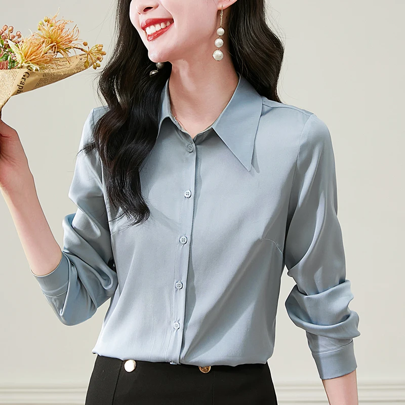 

19 Momme Real Silk Women's Shirt Spring Autumn Elegant Shirts Fashion Blouses For Women Long Sleeve Office Lady Solid Blouse