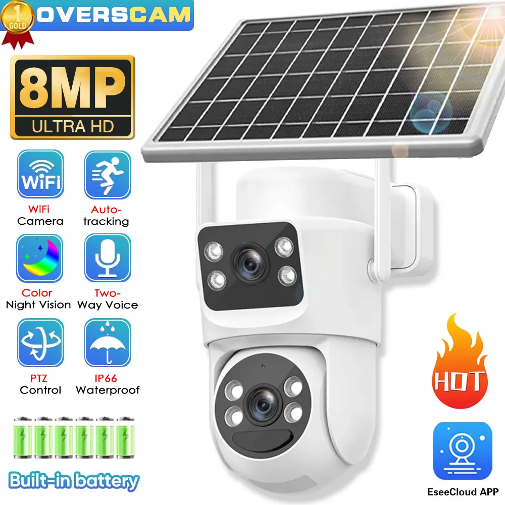 

Встроенная батарея 8MP 4K Wi-Fi двойной объектив уличная водонепроницаемая камера IP66 PIR обнаружения человека с зарядкой солнечной панели PTZ