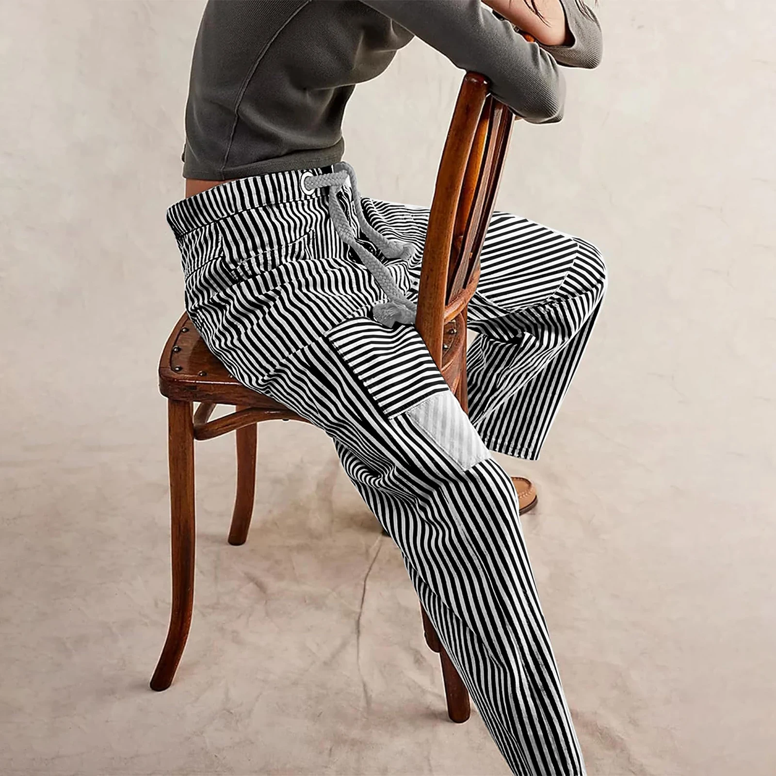 Combhasaki Pantaloni lunghi da donna casual a righe a contrasto di colore con coulisse in vita elastica Pantaloni larghi Harem a gamba larga con tasche