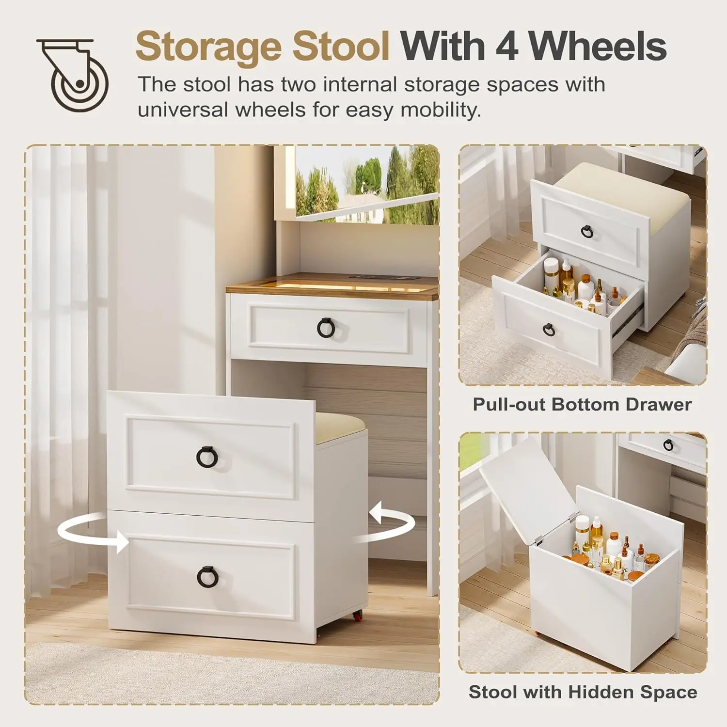 3-in-1 Vanity Desk with Mirror and Lights, Small Compact Makeup Vanity Set with Hidden Storage Stool, Glass Top Dressing Table image 4