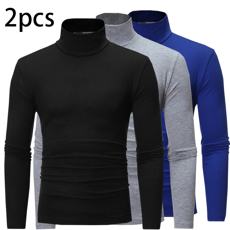 2pcs Men Thermal Underwear Thin Warm TShirt High Neck Pullover Long Sleeved Slim Fit T-shirt Spring Autumn Fashion Solid Tops
