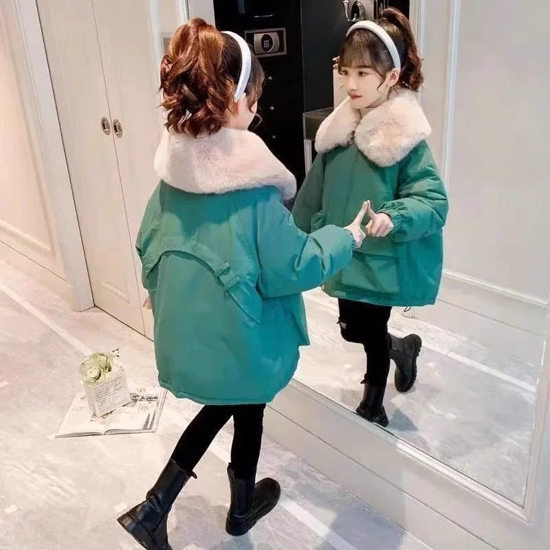 

Girls' Thickened Jackets 2025 Kids Winter Warm Coats Children Casual Big Fur Collar Outerwear New Teenager Fashion Overcoat