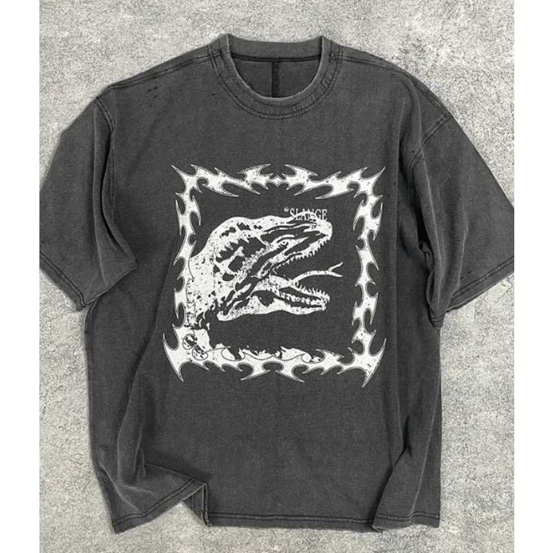 26SS Men's Vintage Washed T-Shirt Brand Design Cotton Oversized Snake Head Graphic Print Short Sleeve Tee Streetwear Punk Tops