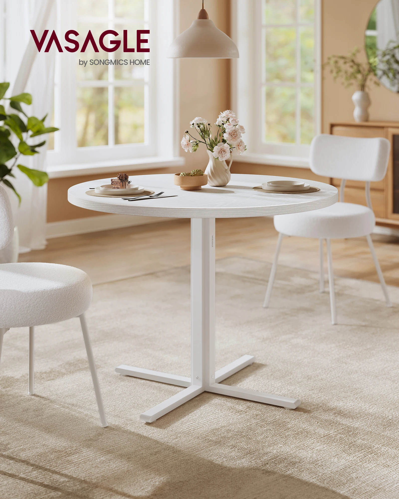 Table Ronde, Table de Cuisine, pour 4 Personnes, Style Campagnard, Surface Résistante à l'eau, 80 cm de Diamètre, 74,8 cm de Hauteur,  Blanc Neige