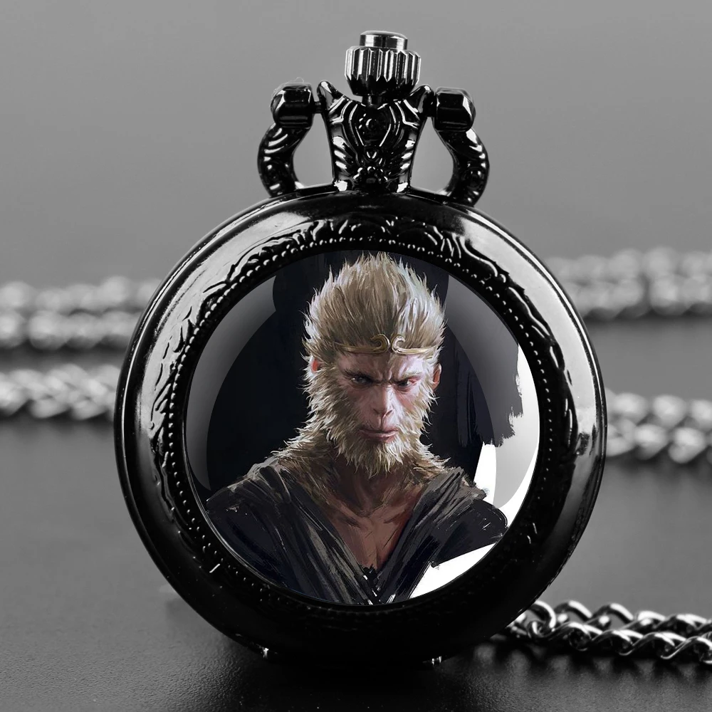 Black Myth: WuKong Game Glass Dome Vintage Arabic Numerals Quartz Pocket Watch Necklace Pendant Clock Chain Mens Boys Gift