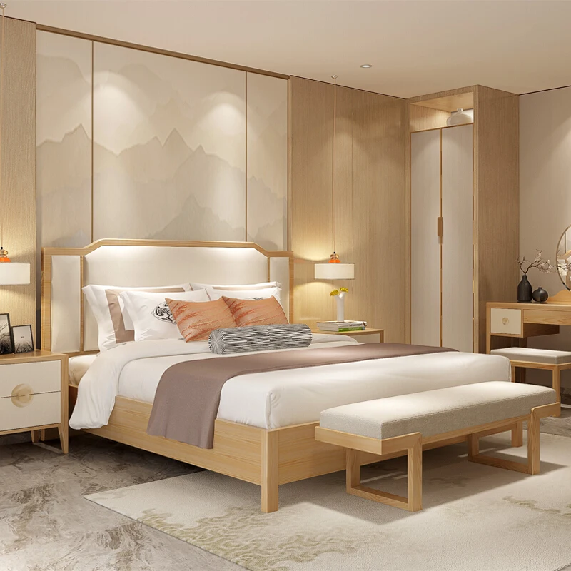 

Hotel Furniture Modern New Chinese Style Solid Wood King-size Soft Bed for Homestay Triple Hotel Beds Customizable