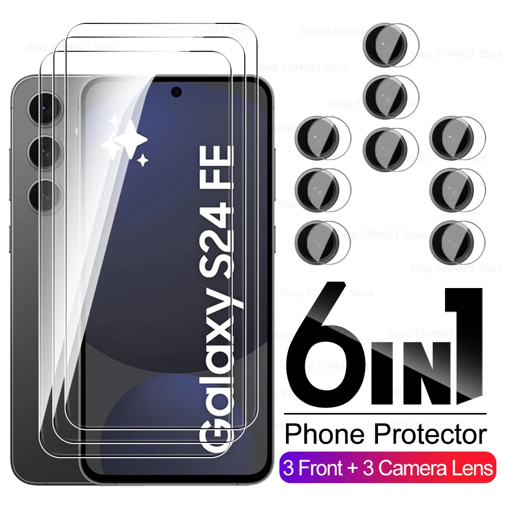 6in1 لهاتف سامسونج جالاكسي S24FE S24Ultra S24 + 5G واقيات شاشة عدسة الكاميرا سامسونج S 24 Fe 24ultra 24Plus غطاء من الزجاج المقسى