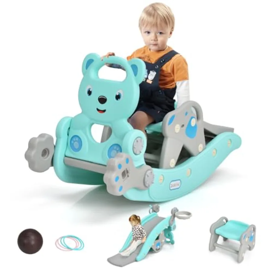 

5 in 1 Toddler Slide Rocking Toy Rocking Horse Playset with Slide Basketball Hoop Ring Toss Game Stool and Inflatable Basketbal