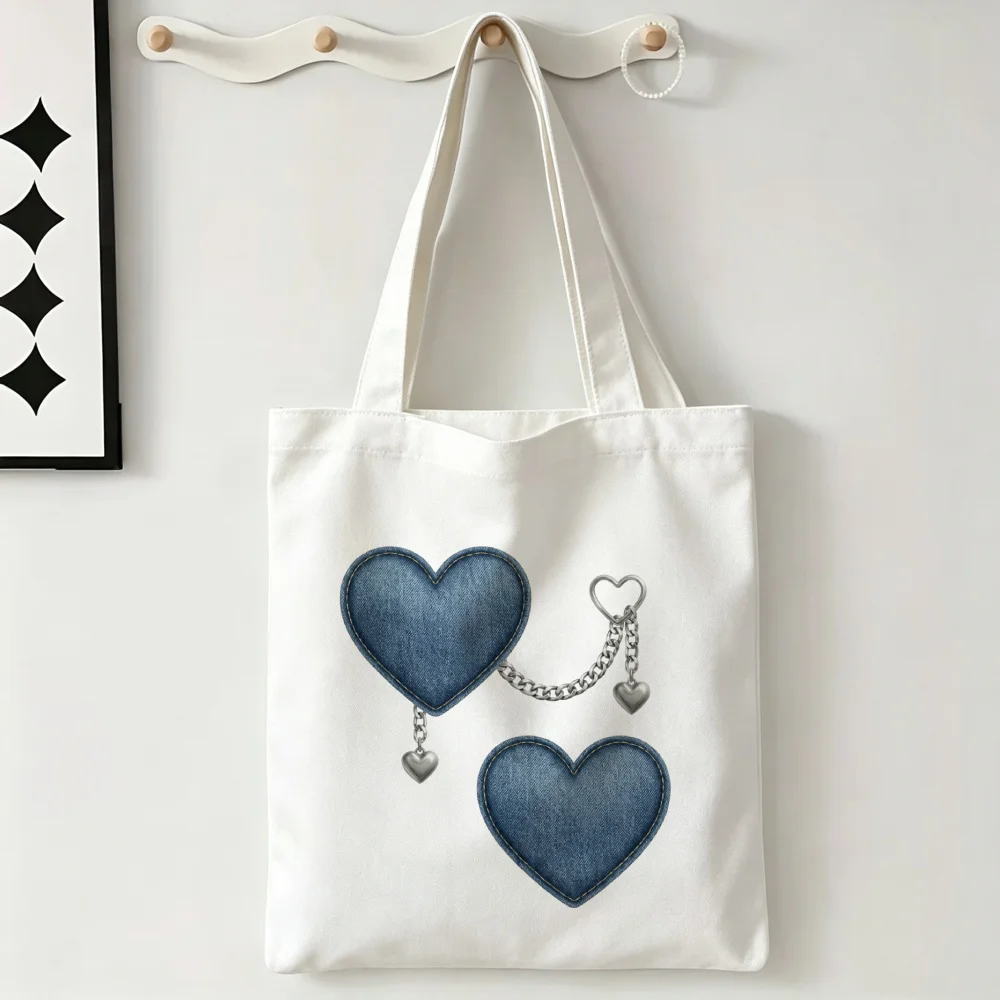 Blue Denim Heart Print Canvas Tote Bag 1Pc or Set Multi-functional Daily Shopper Vintage Sweet Girls Gift Weekend Campus Tote