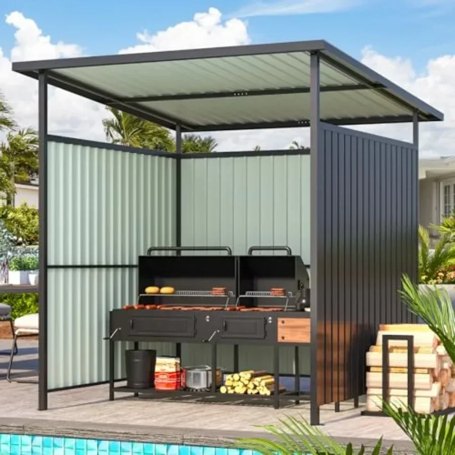 6' x 6' Outdoor Hardtop Grill Gazebo with Metal Awnings for Patio and Decks Small Lean-to BBQ Gazebo in Gray Durable Weather-Re