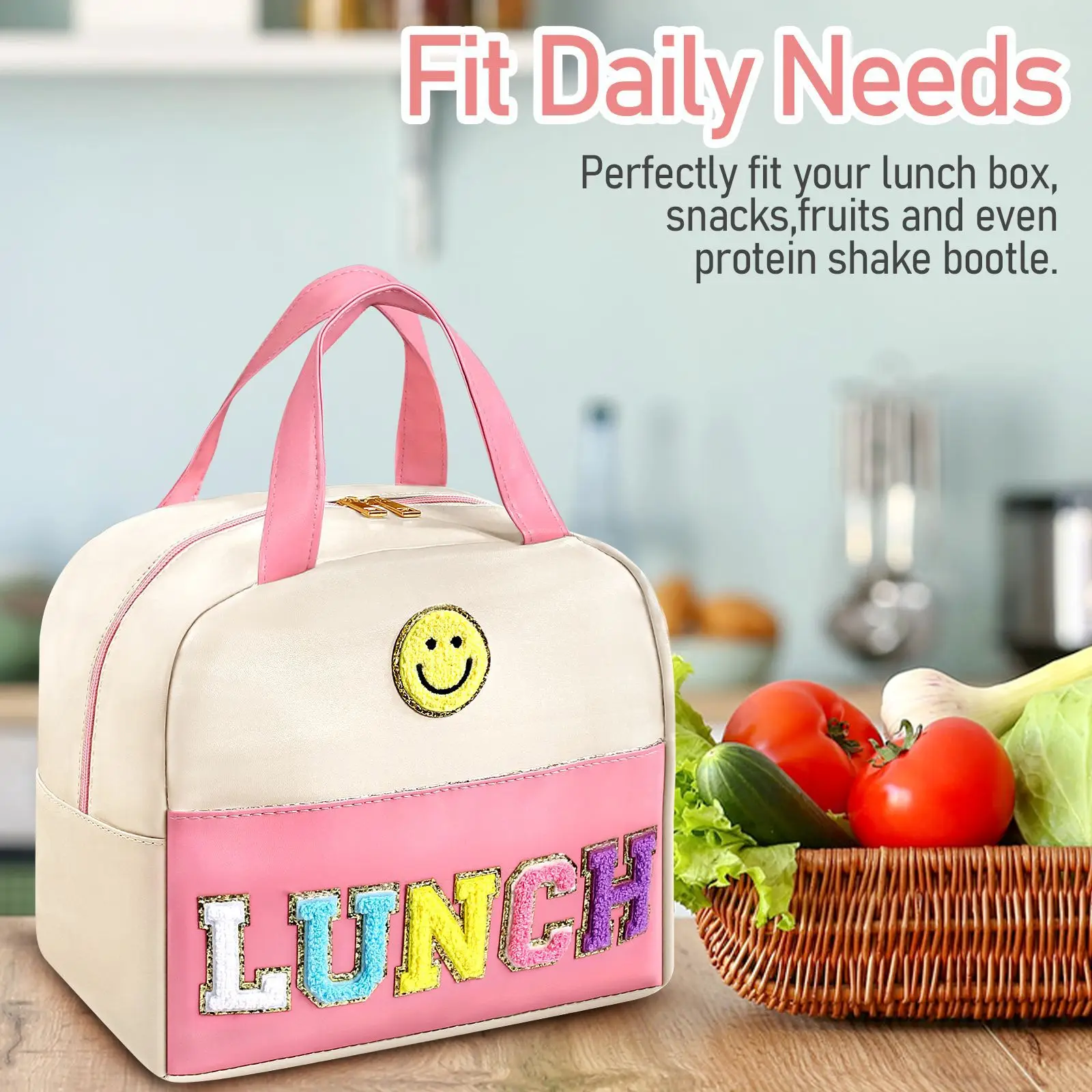 Borsa per il pranzo con lettere colorate Patch isolata termica Picnic cibo addensato Lunch Bag Box Tote Food Fresh Cooler Bags Pouch bolsa