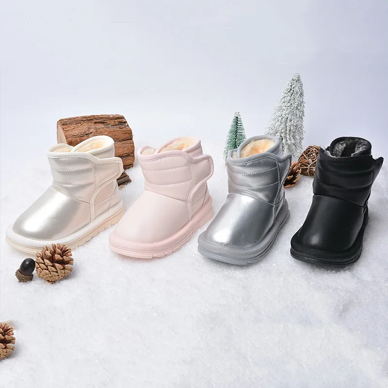 Kids PU Leather Snow Boots for Girls Boys Winter Waterproof Anti Slip Children Shoes Warm Plush Platform Short Boots Baby Shoes