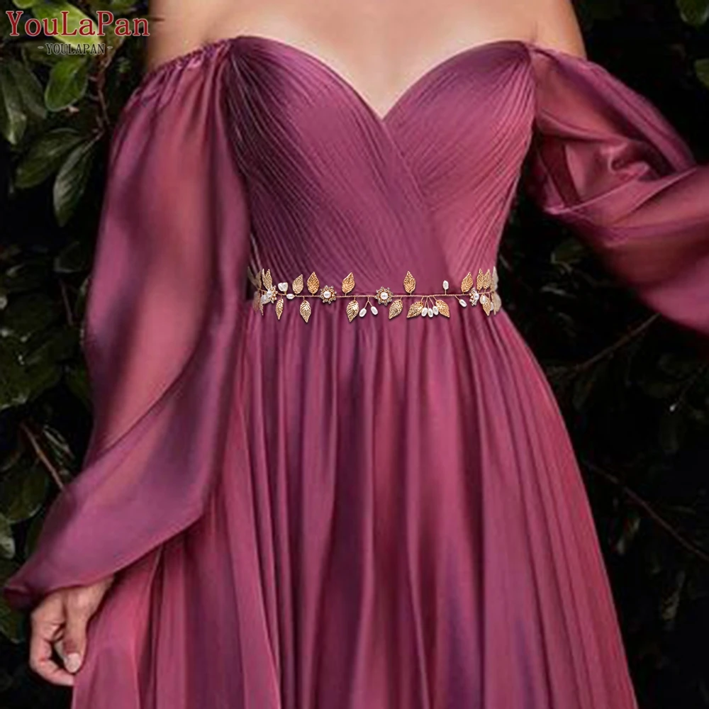 TOPQUEEN-Cinto De Noiva Com Pérolas Para Mulheres, Faixa De Casamento, Cinto De Folhas De Ouro, Flor Artesanal, Acessórios Vestido De Noite, SH110