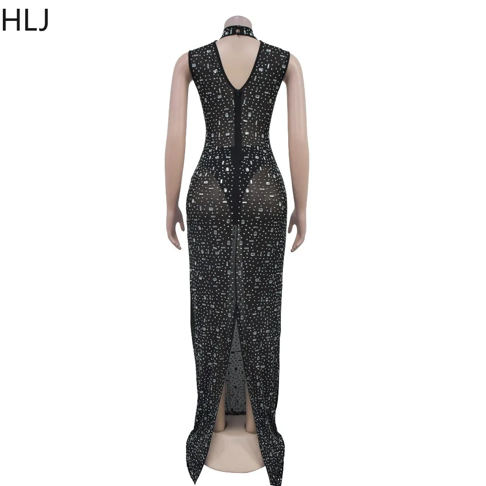 HLJ Sexy strass vedere attraverso abiti lunghi senza maniche aderente Maxi abiti maglia dolcevita vestito da festa di compleanno sera nuovo