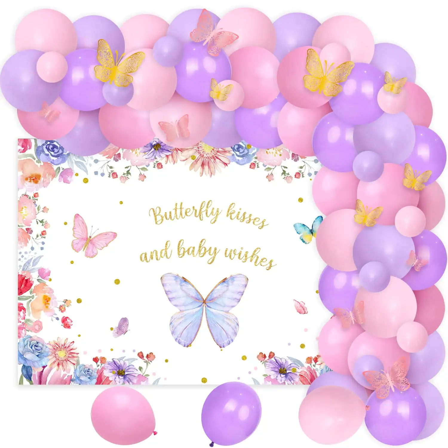 

Butterfly Kisses and Baby Wishes Backdrop Balloon Arch Butterfly Wall Stickers for Baby Girls Shower Birthday Party Supplies