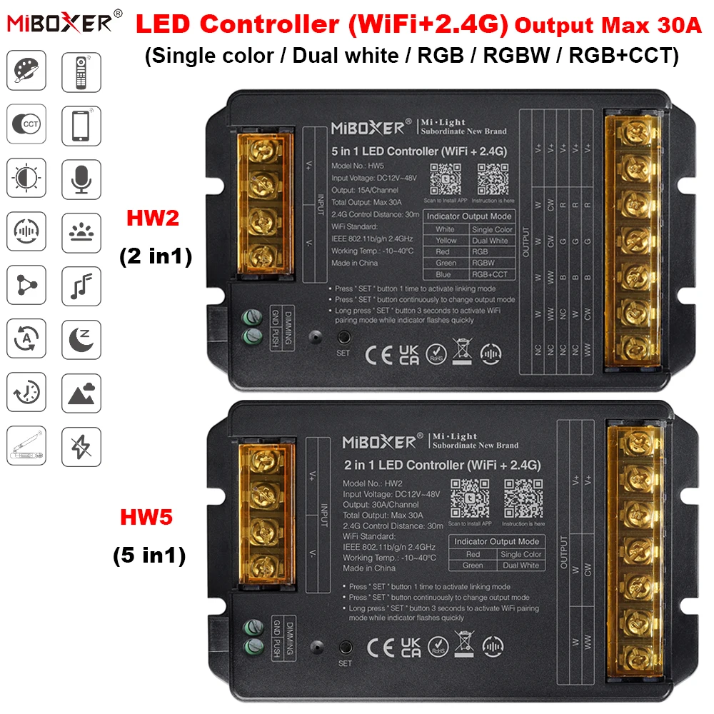 miboxer controlador led para alexa e google wi fi e 24g cor unica branco duplo rgb rgbw rgb cct controle de aplicativos 30a hw5 01