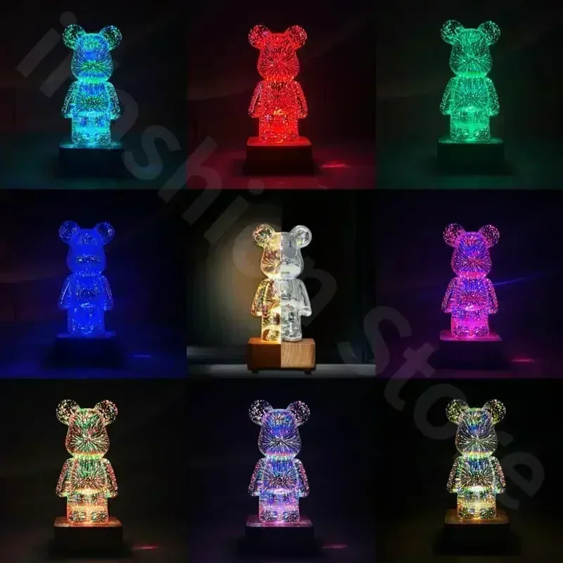 Luz LED nocturna de fuegos artificiales de oso 3D, proyector USB, lámpara ambiental cambiable de Color, adecuada para decoración de habitación de