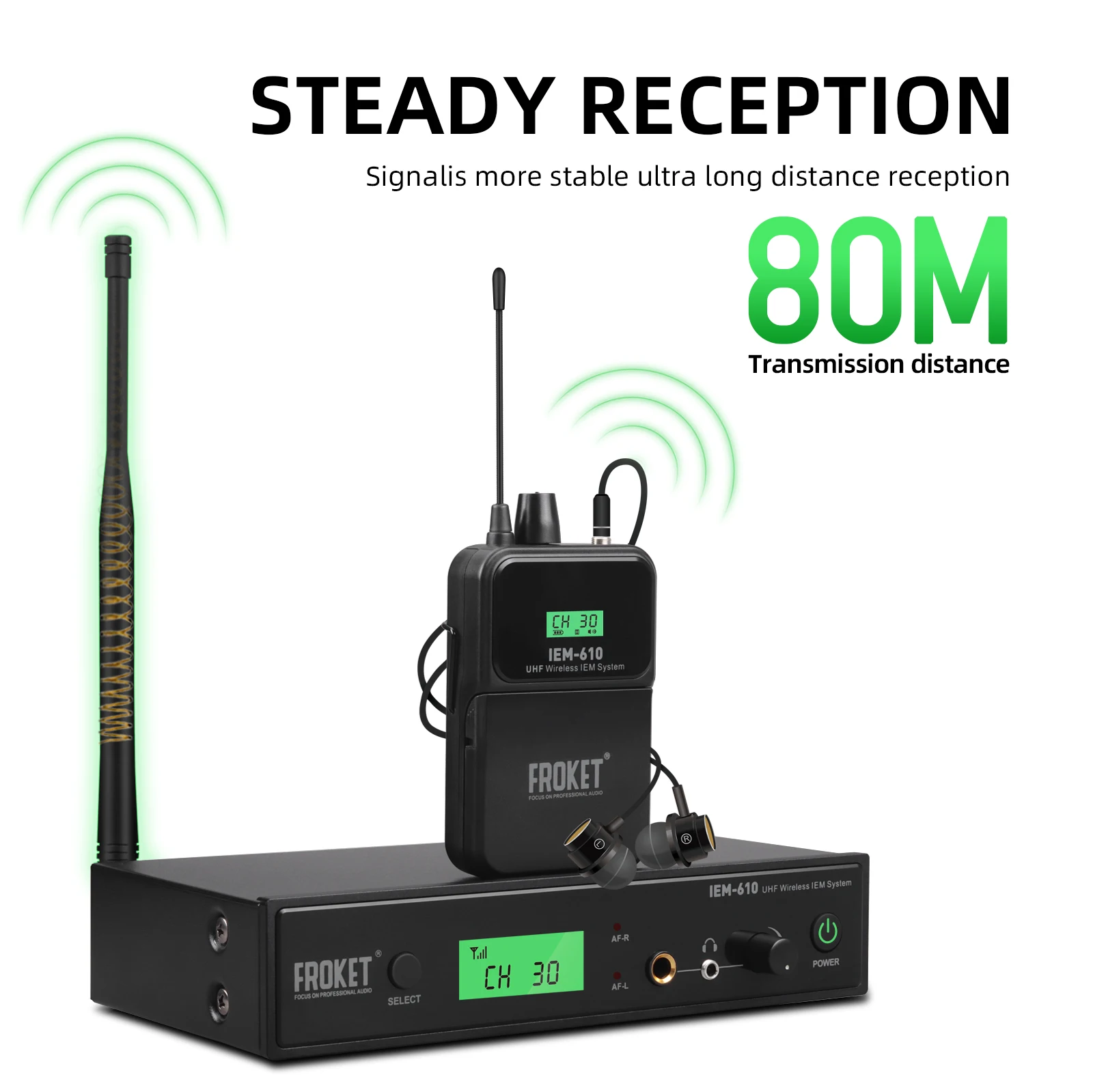 Debra-sistema de monitoreo intrauditivo inalámbrico IEM-610, UHF, rango de 80m, 530-580MHZ, para actuaciones en escenario, grabación, banda, baterista, Iglesia