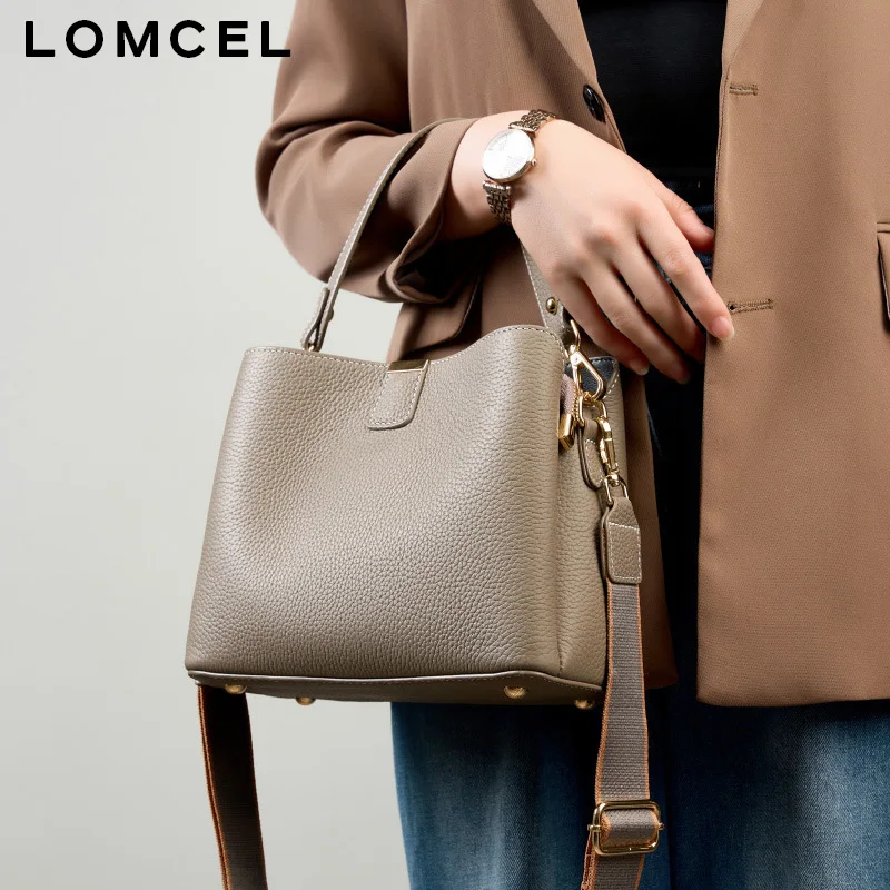 LOMCEL 26 New style leather bag with top layer of cowhide. Large capacity bucket bag. Simple and versatile. Genuine leather