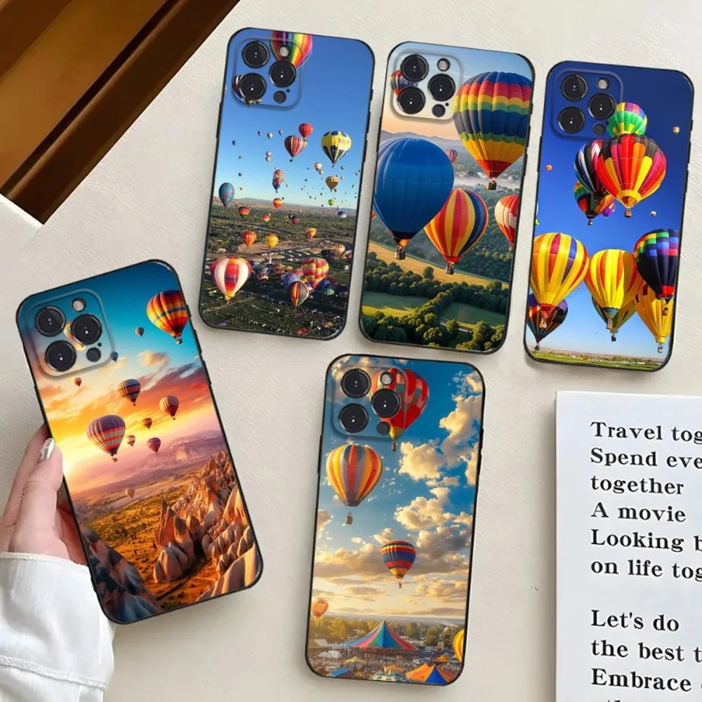 Hot Air Balloon Phone Case For iPhone 16,15,14,13,12,11,Pro,X,XS,Max,XR,Plus,Mini Black Silicone Soft case