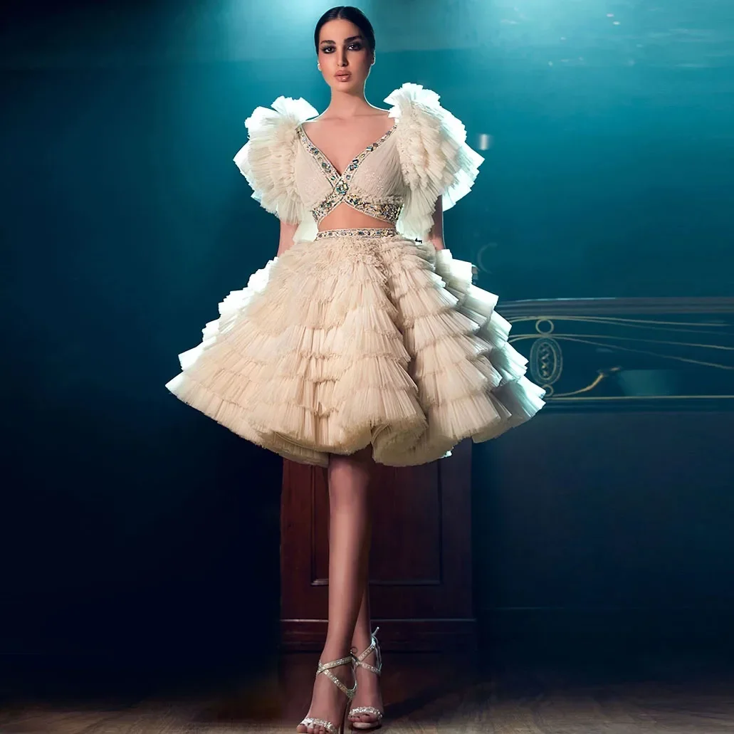 

Lovely Fluffy Tulle Skirt Sets Two Pieces Prom Party Dress Tiered Tulle Rhinestone Short Cocktail Women Dresses Backless