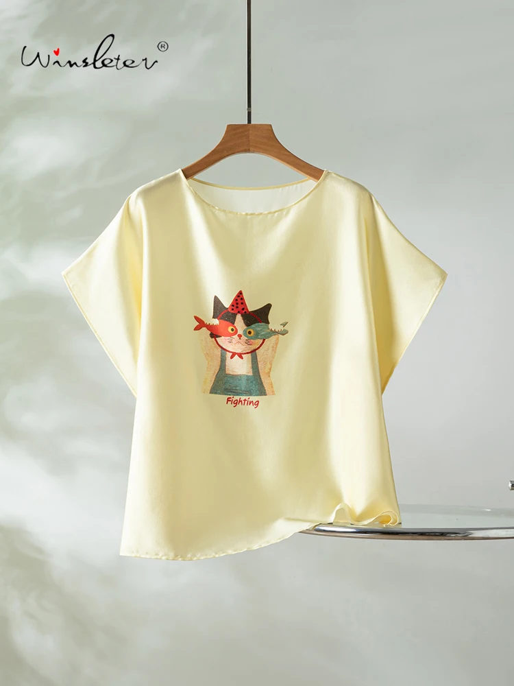 Winsleter-93%Silk 7%Spandex Elegant T-Shirt, Batwing Sleeve Cartoon Print, Women Fashion Casual Loose Top, 2026 Summer T66235CC