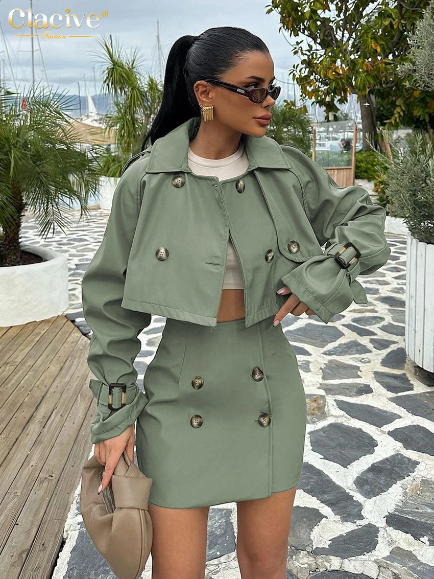 

Clacive Fashion Loose Green 2 Piece Sets Women Outfit 2024 Elegant Long Sleeve Crop Top With High Waist Mini Skirts Set Female