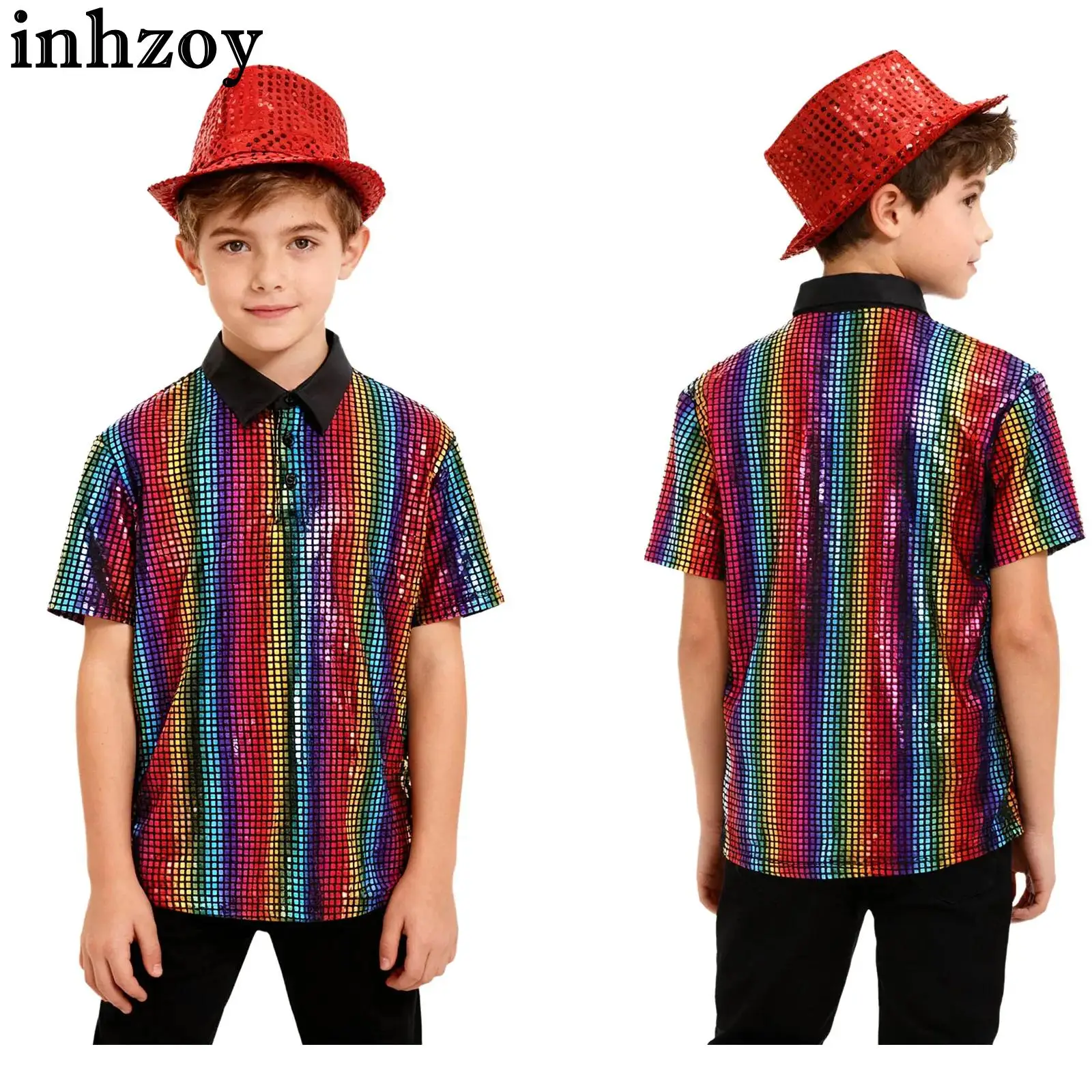 Ropa de baile callejero de Jazz para chico de 6 a 16 años, disfraz de Cosplay Hippie de discoteca para fiesta de Carnaval y Halloween, vestido brillante o camiseta con sombrero