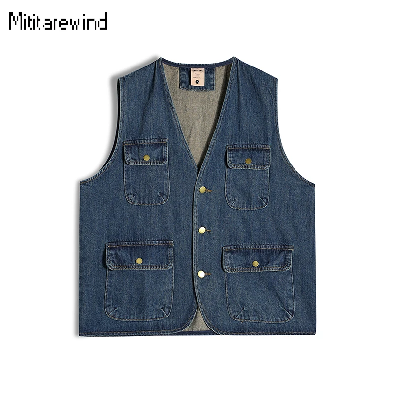 

Japan Vintage Denim Vests for Men High Street Loose Youth Mens Vest Multi-pockets Single-breasted Sleeveless Jean Jacket Casual