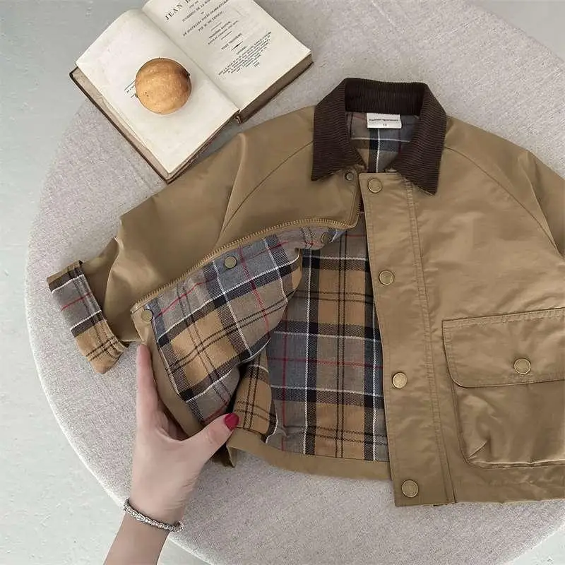 Spring Autumn Plaid Patchwork Jacket for Babies Boys Girls Kids Classic Stylish Windbreaker Korean Style Double Button Polyester