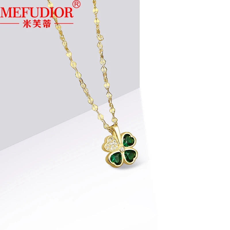 18K\925 Silver Four-leaf Flowers Pendant 45cm Yellow Gold Necklace Green Gemstone Luxury Jewelry for Women Friend Birthday Gifts