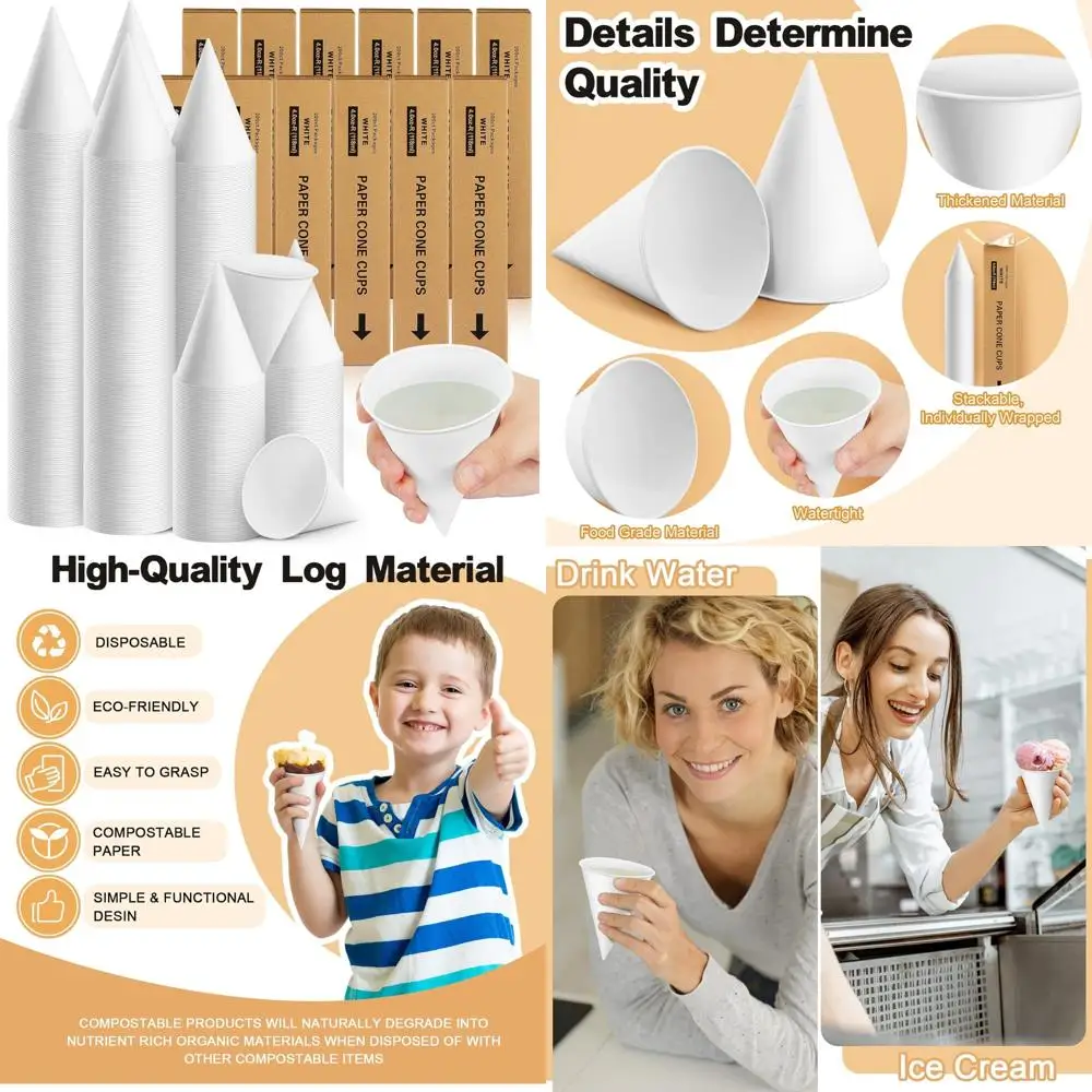 

4 oz Disposable Paper Cone Cups, 2400 Count, Thickened for Shaved Ice, Slushies, Water Cooler Dispenser, White
