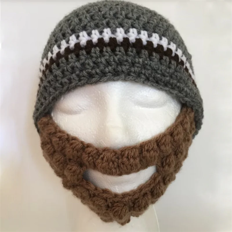 Pure Hand crocheted Viking Beard Horn Hat Halloween Winter Handmade Funny Hat+Beard Crazy Ski Cap