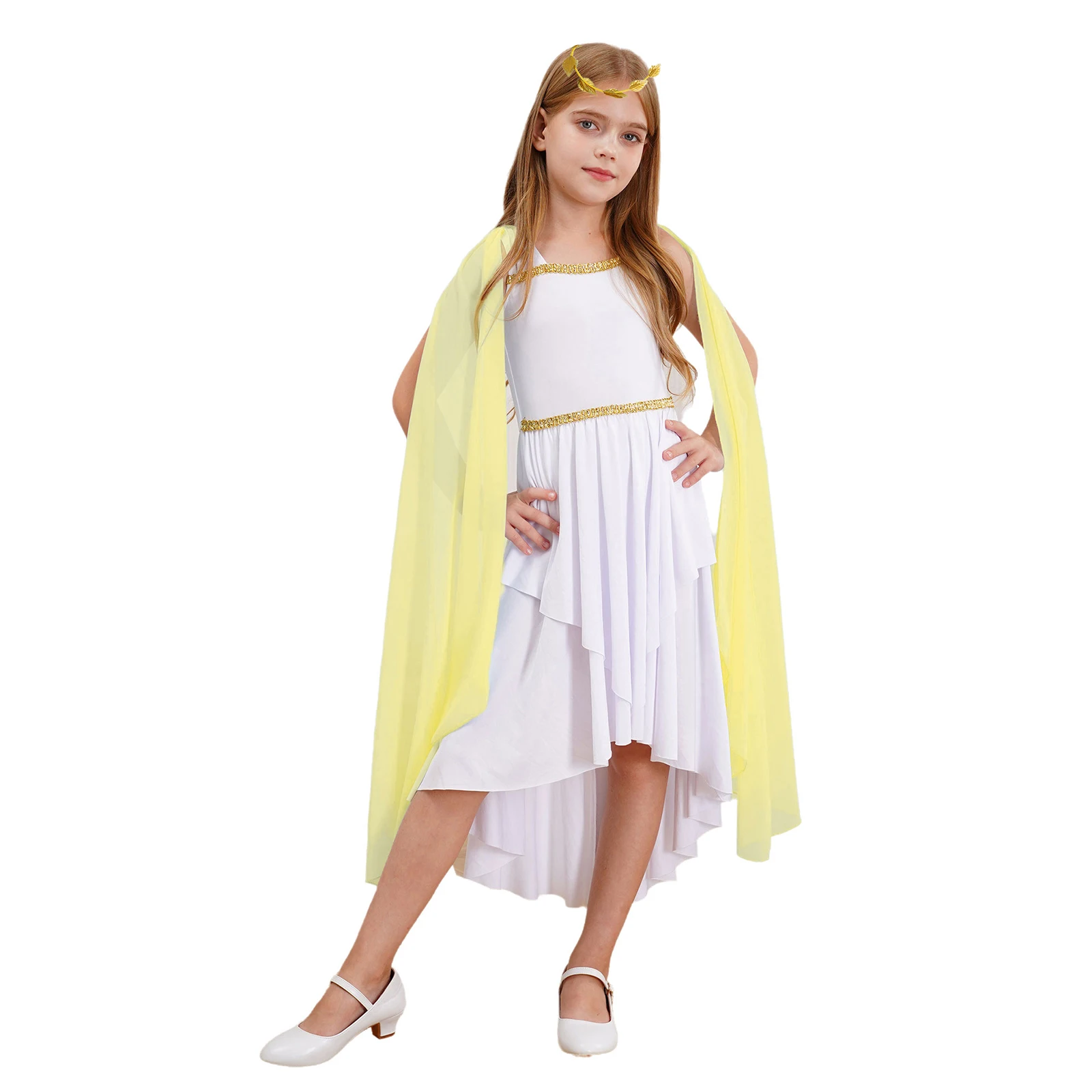 #6-16 Kids Girls Ancient Greek Princess Toga Cosplay Costume Sleeveless Patchwork Flowy Lyrical Dress with Wreath Headband Set