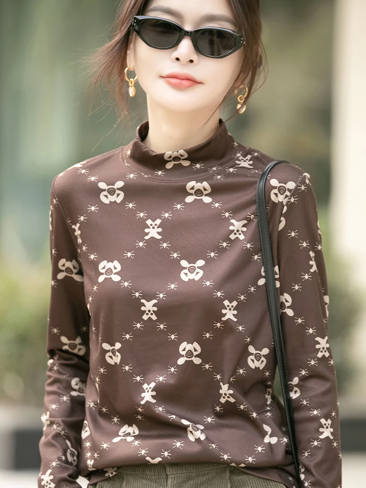 

Трикотаж с принтом Long Sve, женский облегающий термотоп кофейного цвета с высоким воротником для отдыха, мягкая ткань, растительный цветочный узор...