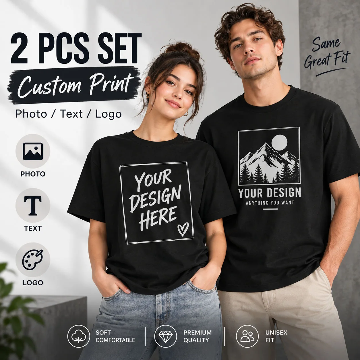 2PCS Custom T Shirt Personalized Pet Portrait Photo Text Logo Cotton Short Sleeve Unisex Tee for Couple Family Pet Lover Gift