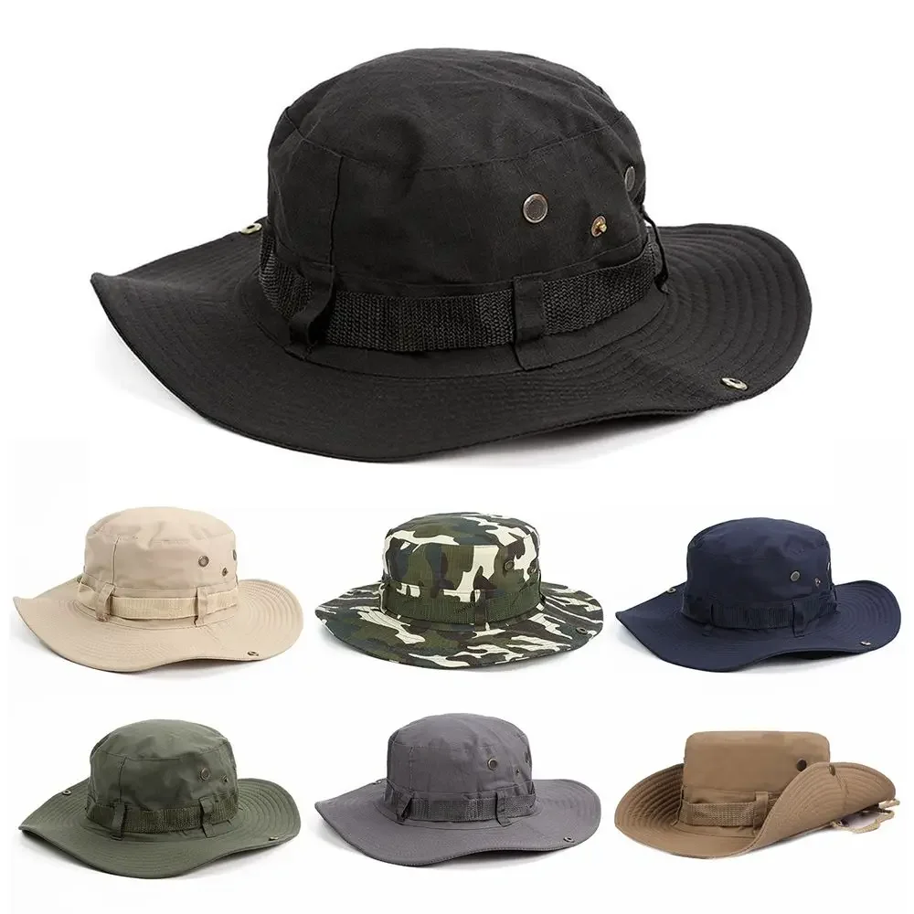 Chapéu de sol de aba larga para homens e mulheres, boné de pesca respirável, chapéu de balde masculino, caminhada, selva, exterior, camo caps, verão